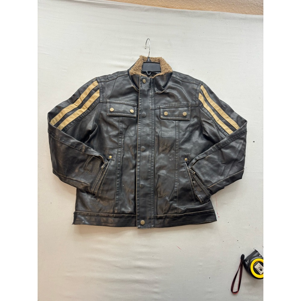 NY Classics Faux Leather Racing Jacket Brown Shearling Collar Mens Medium